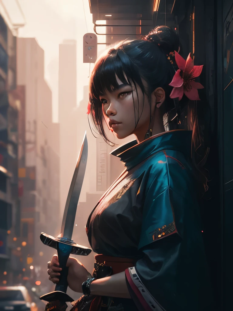 a close up of a person holding two swords near a tree, cyberpunk art by Mike Winkelmann, trending on cgsociety, fantasy art, neon samurai, very beautiful cyberpunk samurai, cyberpunk samurai, portrait of a cyberpunk samurai, samurai warrior, japanese art on behance, 🌺 cgsociety, urban samurai, cyborg samurai, cgsociety 4k”, japanese samurai