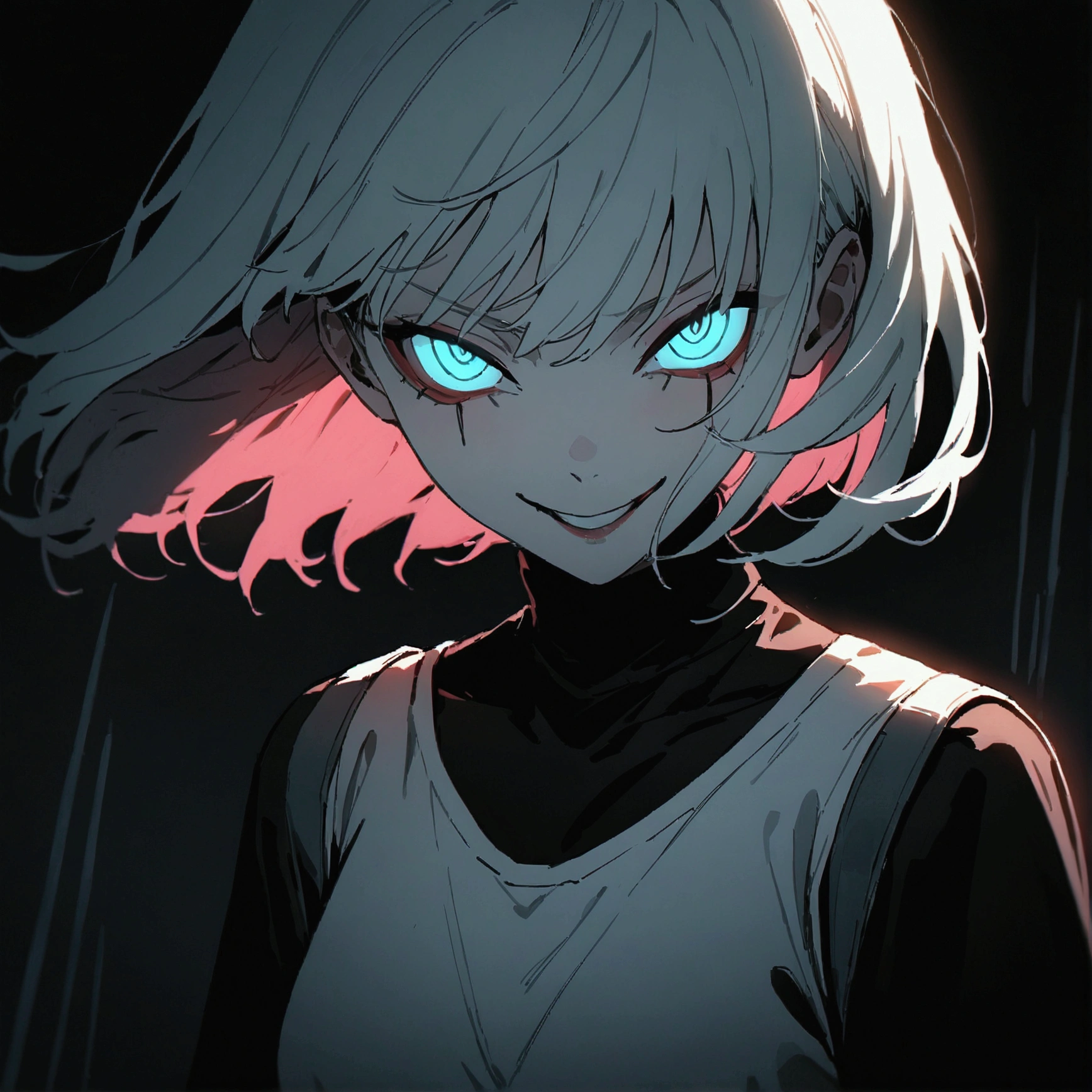 ( masterpiece:1.2,  the best quality), 1 woman,  Upper Body, Cyberpunk clothes, casual, pechos medianos,  white hair, Minimalist makeup,pale,natural fabrics, face close-up, evil smile,  glowing phosphorescent eyes circular pupils,8k high resolution, detailed lines, ((  Upper Body)) ,