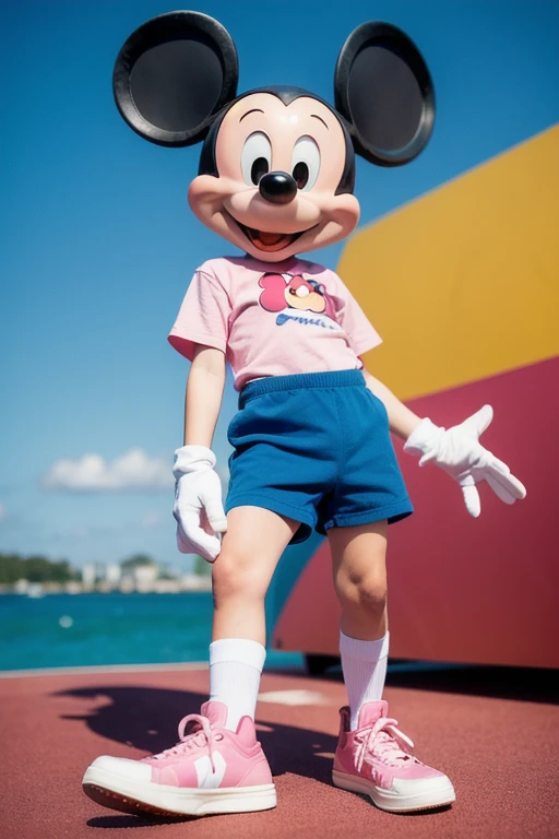  realistic image of what Mickey Mouse the mouse would look like in real life,  if it weren't cartoon ,  wearing deep red shorts , white gloves,  half pink face ,  blue and yellow shoes ,  little pink legs , Little pink tail , black ears and smiling and handsome looking at the camera . 