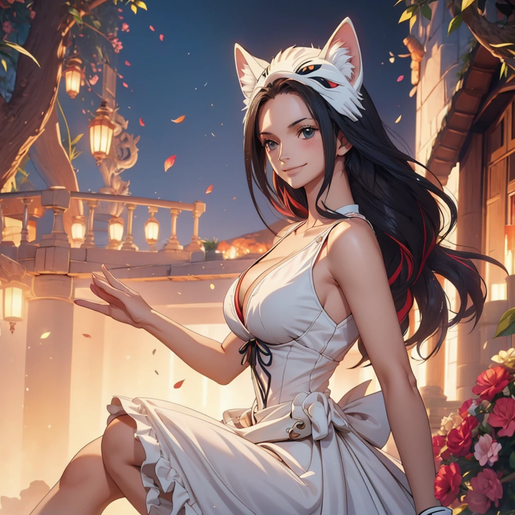 1 girl,  high resolution , long hair, Blush, top view, Backlighting, Necessary, HD model, Multi-colored hair,  Half black and half white hair , shiny hair, wavy hair, big breasts, gray eyes, Shame on the nose, open eyes, Smiling face, top view, simple background, Vanishing point, Fox mask, brilliance, silhouette, Illustration, anime, ANIME STYLE, dress de duas fendas, dress, High heels , One piece, elegant,  Long gloveFeet out of frame, 