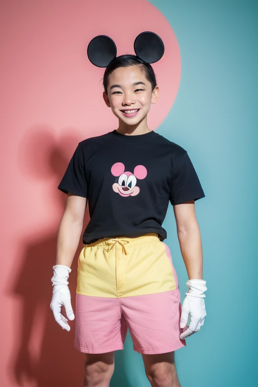  realistic image of what Mickey Mouse the mouse would look like in real life,  if it weren't cartoon ,  wearing deep red shorts , white gloves,  half pink face , blue shoes not pink and yellow,  little pink legs , Little pink tail , black ears and smiling and handsome looking at the camera . 