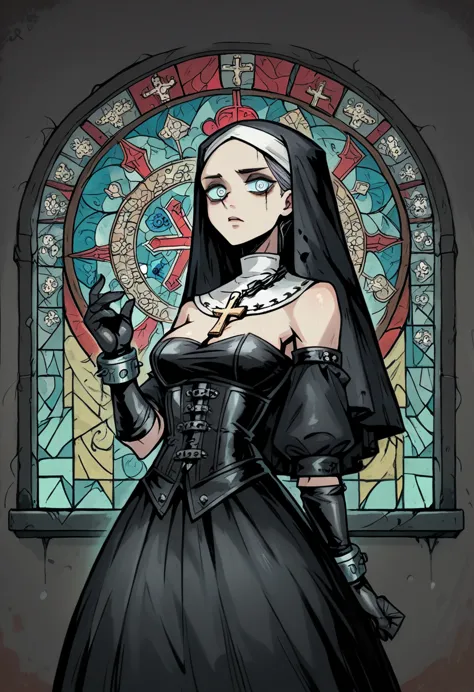 draw a female character with an aesthetic that mixes catholic symbolism and bdsm elements.  she wears a clothing inspired by a r...