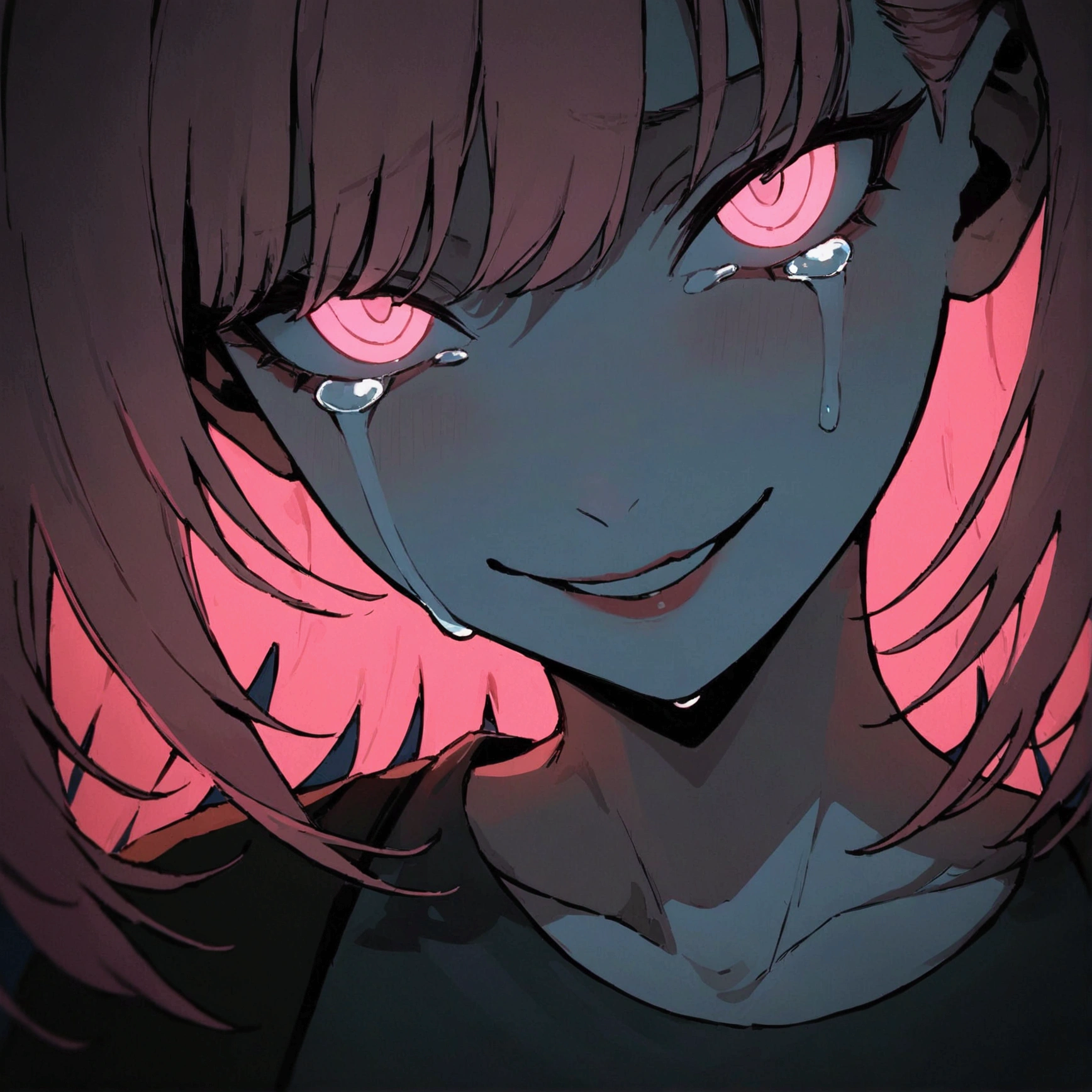 ( masterpiece:1.2,  the best quality), 1 woman,  Upper Body, Cyberpunk clothes , casual, pechos medianos, phosphorescent pink hair, Minimalist makeup,pale,natural fabrics, face close-up, evil smile,  phosphorescent eyes bright circular pupils,8k high resolution, detailed lines, ((  Upper Body)) , Crying phosphorescent tears 