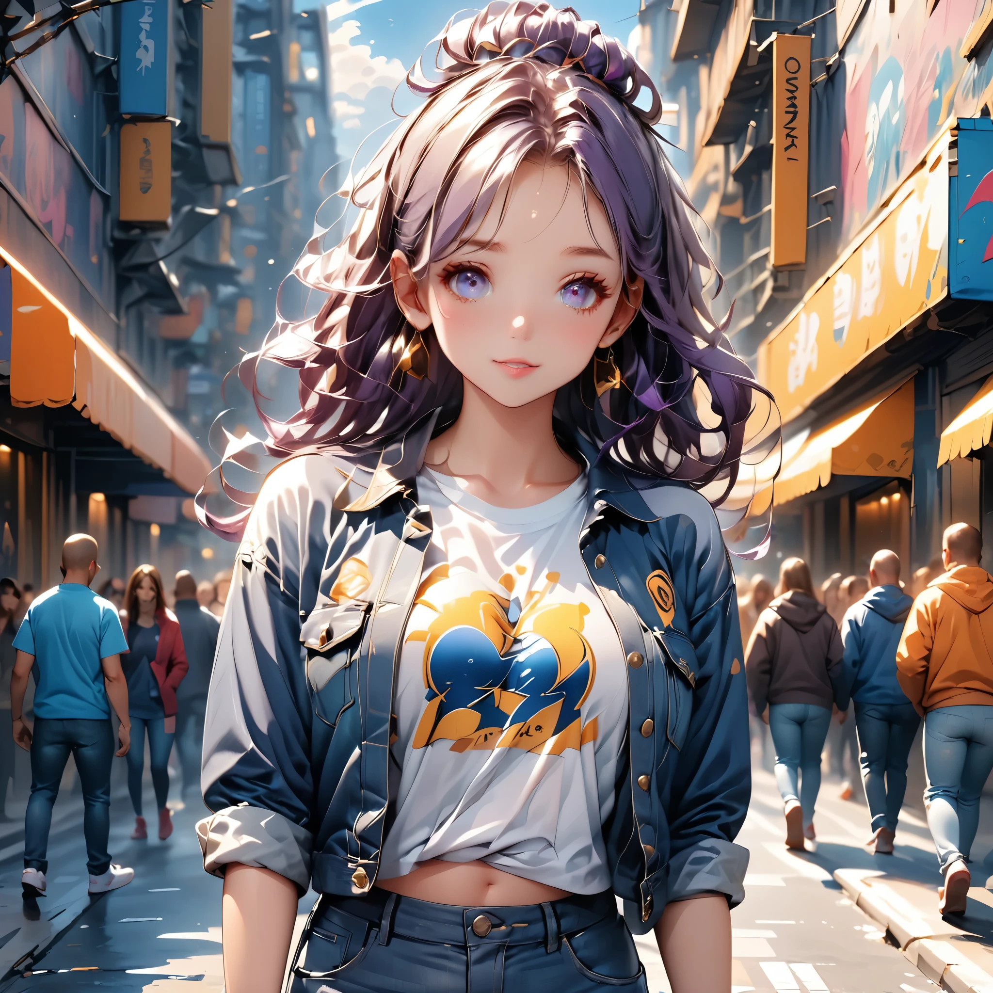 Masterpiece, 4k, HDR, full HD, (best quality), (ultra detailed), (only), (extremely delicate and beautiful fabric), intricate ANIME TYPE, best quality, 1girl, very expressive eyes, deep purple hair , hyper beautiful face, purple hair, perfect anatomy, shiny, oily skin, full body, alone (shiny purple hair, long hair), looking at viewer, bright blue eyes, perfect hands, perfect legs, super detailed clothes, intricate clothes,
A youthful girl in casual clothing, wearing a fitted denim jacket over a graphic t-shirt, paired with ripped jeans and white sneakers. Her hair is in a messy bun, an easygoing and lively expression on her face. She stands on a city street during daylight, with vibrant urban elements like graffiti walls and bustling cafes in the background. The scene is lively and energetic, capturing the essence of modern street fashion, realistic and highly detailed 

