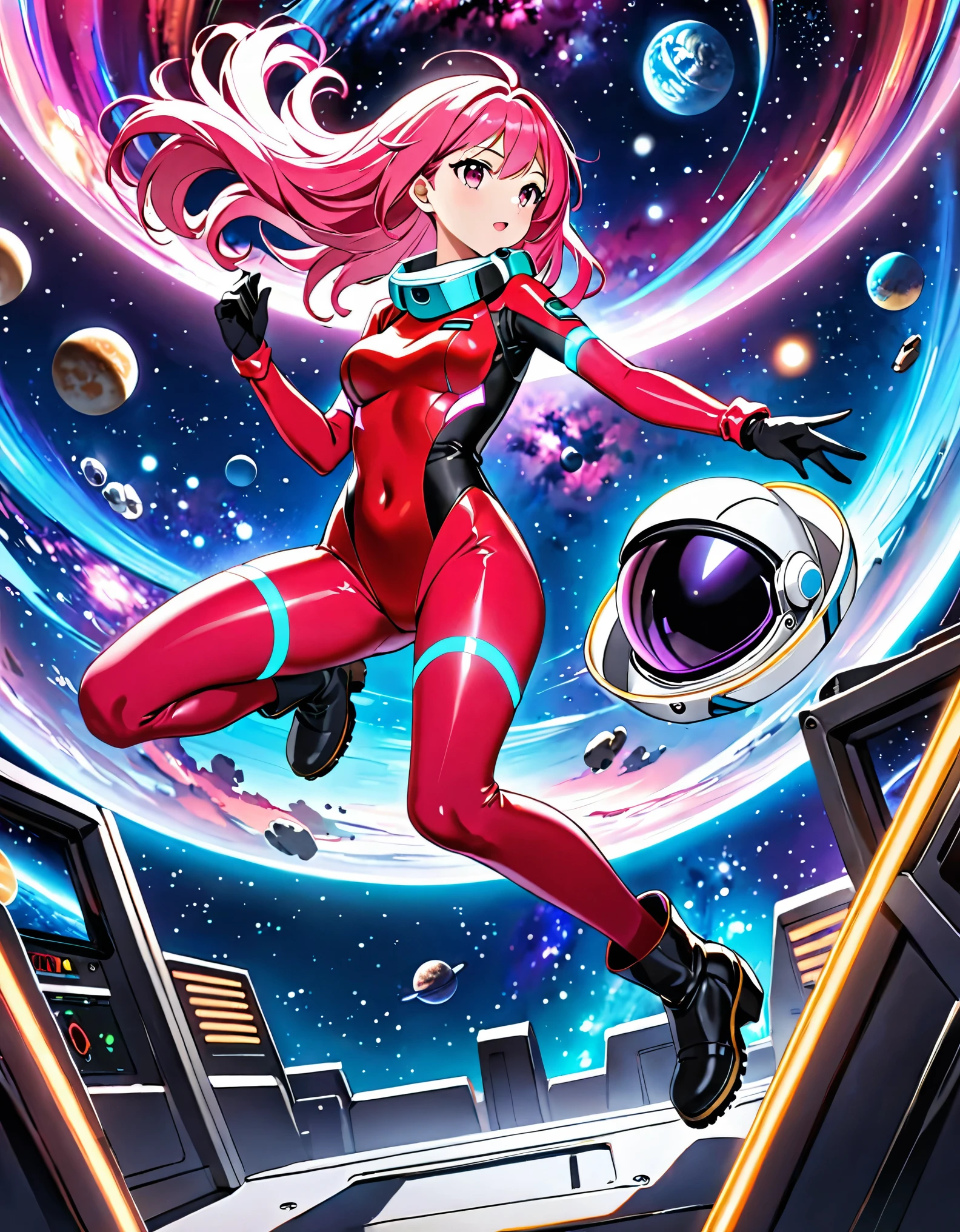 Long pink hair woman, night, neon, galaxy background, neon lights, red bodysuit, black leotard, black gloves, black boots, (bare legs:1.2), looking away, holding space helmet, 8k