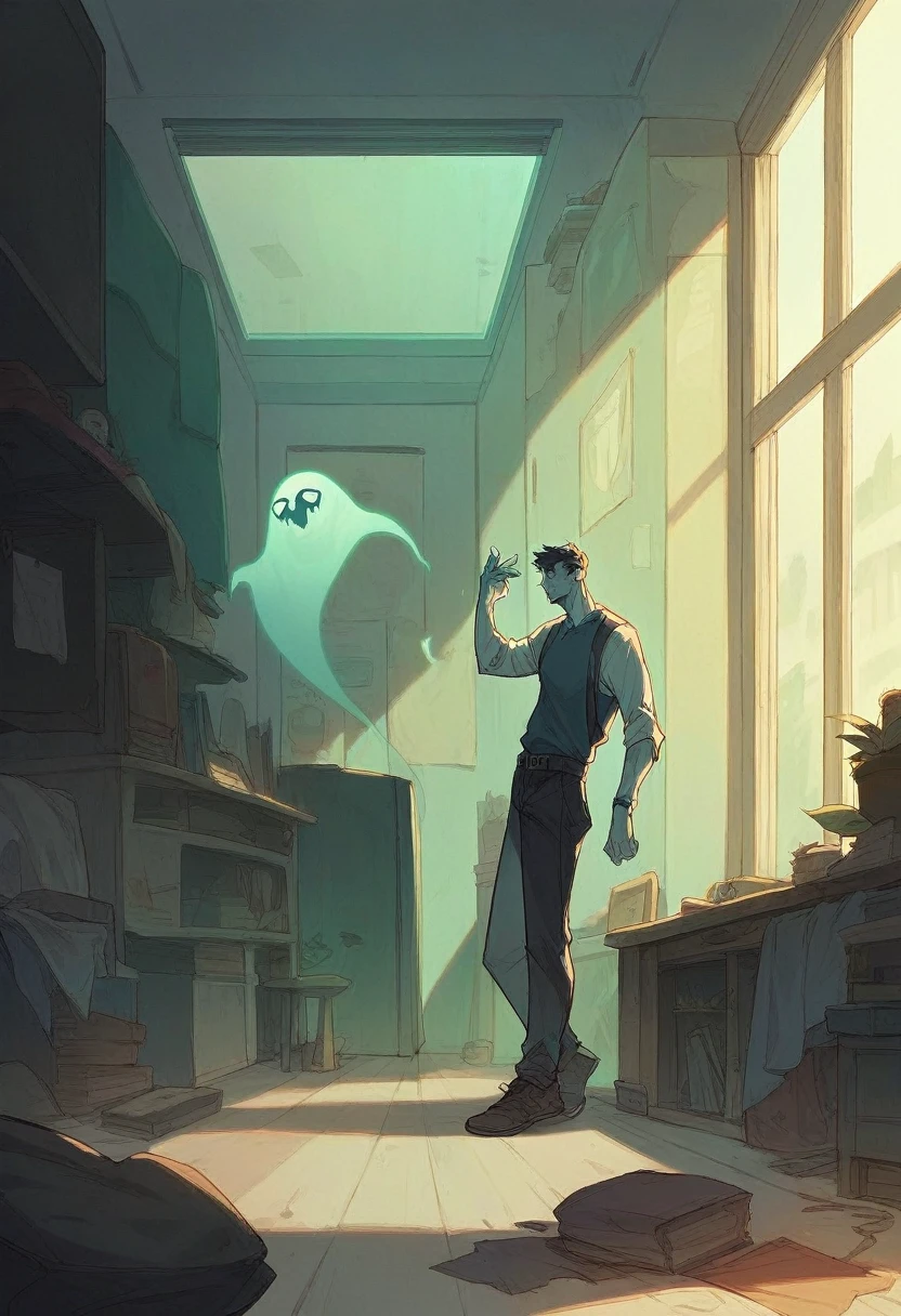 A ghost man, 21 years old, slightly transparent,  floating in a room,  curiously watching , handsome.