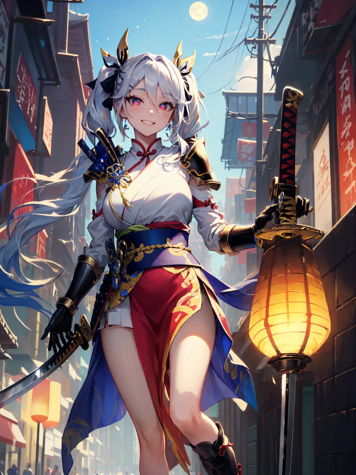 (absurdres, highres, ultra detailed), 1 girl, (A Divine goddess), Dynamic Body Type, beautiful, ((2.5D)), Beautiful Eyes, Delicate Eyes, Delicate Silhouette, (samurai, overcoat), (samurai costume:1.5), bare thighs, (slender legs:1.5), (katana:1.5), (armor platings:1.5), large breasts, perfect breasts, no sleeves, sleeveless, naked arrms, sharp contrast, gorgeous detailed eyes, focus, cowboy shot, close up, glowing red eyes, slim fit, narrow waist, twintails, white hair, dynamic pose, elegant, detailed iris, sparkle eyes, star in eyes, (enchanting red eyes:1.3), (multicolored eyes), (long hair:1.3), (big hair ribbon:1.5), (hairpin:1.5), (silver hair:1.3), (twintails hair:1.5), (hair between eyes), (hair over one eye:1), (floating hair:1.3), masterpiece, highest quality, earrings, pink skin, glowing hair, detailed face, blushing, shy, evil smile, huge smile, red lips, sharp eyelashes, (lunar new years, full moon, lanterns, fireworks), BREAK, glitch art, digital distortion, pixelated fragments, data corruption, colorful noise, visual chaos, contemporary aesthetics BREAK , enamel art, glass-like surface, vibrant colors, glossy finish, reflective textures, rich pigments, fluid forms BREAK, ethnic style,vibrant patterns, handmade textiles, cultural motifs, beaded jewelry, artisanal accessories