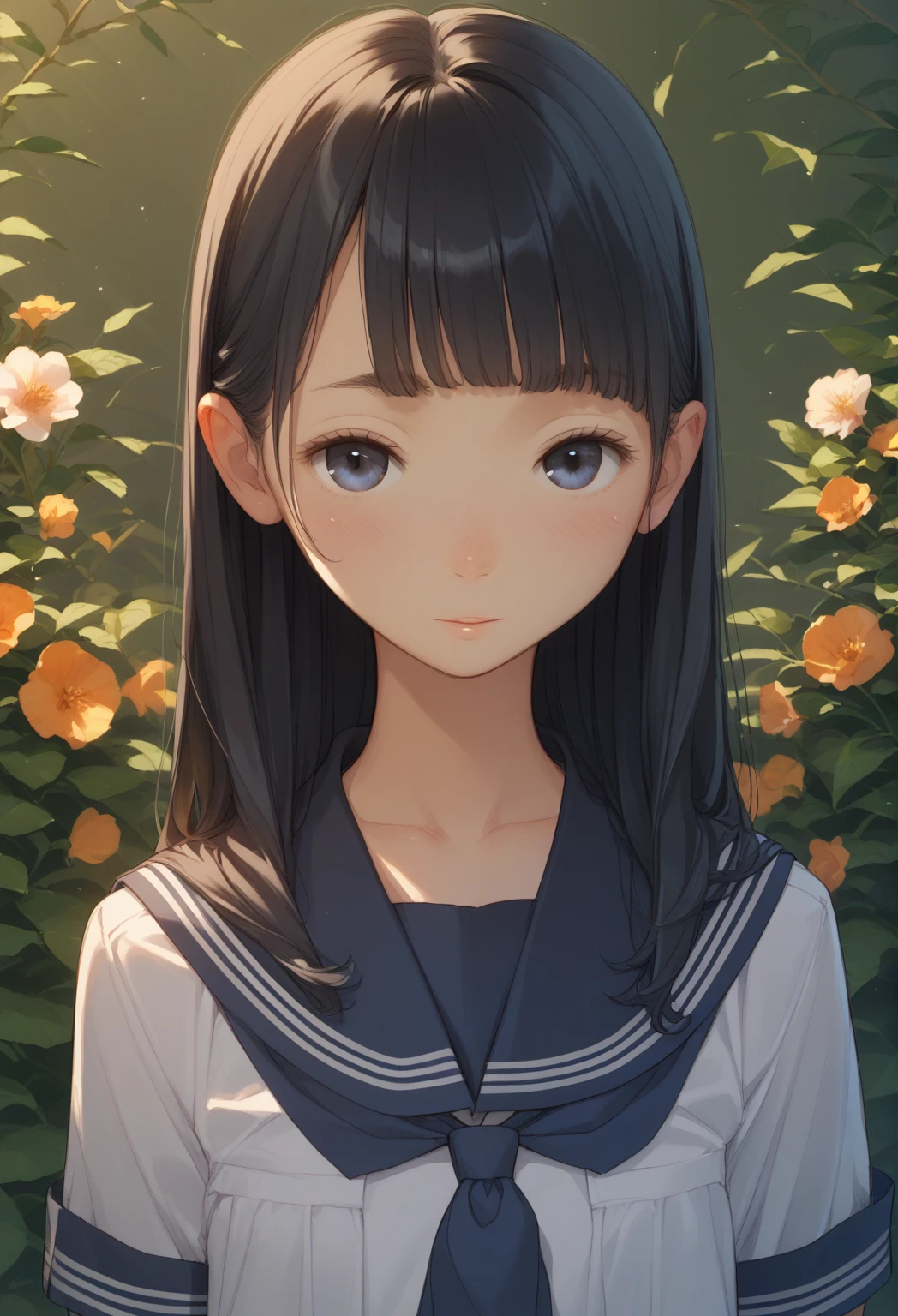 Best Quality,  Beautiful Detailed Background , Cinema Lighting, Erotic face， Baby face、Flat chest、Young Girl、Small body、Black Hair、Sailor suit、One stream of long hair