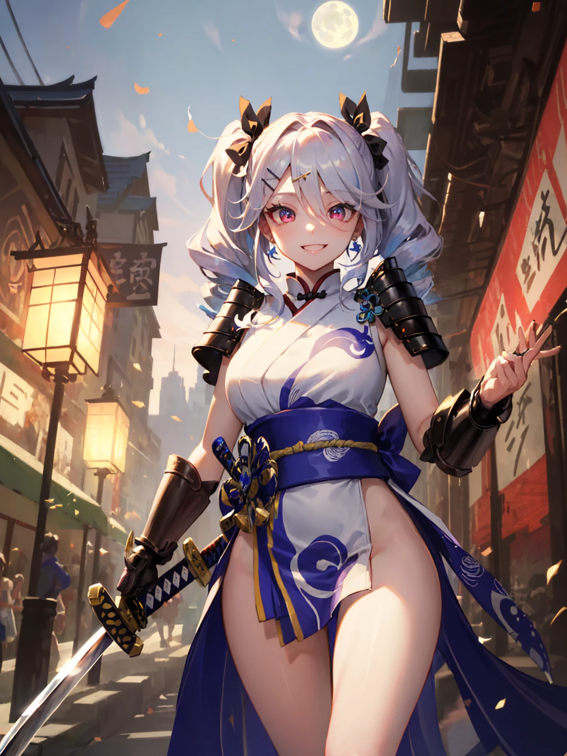 (absurdres, highres, ultra detailed), 1 girl, (A Divine goddess), Dynamic Body Type, beautiful, ((2.5D)), Beautiful Eyes, Delicate Eyes, Delicate Silhouette, (samurai, overcoat), (samurai costume:1.5), bare thighs, (slender legs:1.5), (katana:1.5), (armor platings:1.5), large breasts, perfect breasts, no sleeves, sleeveless, (bare arms:1.5), sharp contrast, gorgeous detailed eyes, focus, cowboy shot, from below, close up, glowing red eyes, slim fit, narrow waist, twintails, white hair, dynamic pose, elegant, detailed iris, sparkle eyes, star in eyes, (enchanting red eyes:1.3), (multicolored eyes), (long hair:1.3), (big hair ribbon:1.5), (hairpin:1.5), (silver hair:1.3), (twintails hair:1.5), (hair between eyes), (hair over one eye:1), (floating hair:1.3), masterpiece, highest quality, earrings, pink skin, glowing hair, detailed face, blushing, shy, evil smile, huge smile, red lips, sharp eyelashes, (lunar new years, full moon, lanterns, fireworks), BREAK, glitch art, digital distortion, pixelated fragments, data corruption, colorful noise, visual chaos, contemporary aesthetics BREAK , enamel art, glass-like surface, vibrant colors, glossy finish, reflective textures, rich pigments, fluid forms BREAK, ethnic style,vibrant patterns, handmade textiles, cultural motifs, beaded jewelry, artisanal accessories