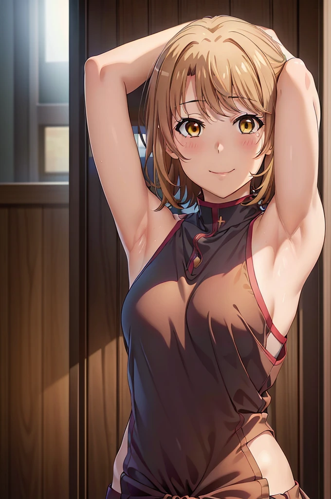 (best quality,4K,8k,highres,masterpiece:1.2),ultra-detailed,(realistic,photorealistic,photo-realistic:1.37),1 girl, Alone, beautiful anime girl, beautiful art style, middle bust, looking at viewer, perfect body, (((Iroha Isshiki:1.3))), (brown hair:1.3), close-up, smiling, (full face blush:1.3), smiling, (((Schoolの制服を着て袖を下げて脇を見せてくれる1.3)))、Schoolの制服、Lower your sleeves with one arm 、、summer，Underarm sweat, (((Armpit:1.3))), (armpit wrinkles:1.3), School，corridor, showing armpits, , body facing forward， facing the front，beautiful eyes，medium