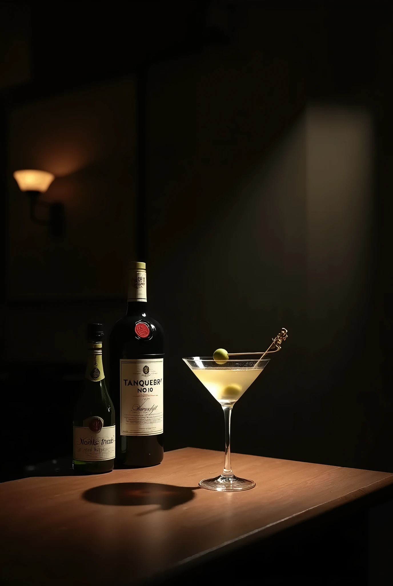 Bar counter、無人のBar counter、Dry Martini 、Green olive stuck in a pick 、Tanqueray Number 10 bottle and Noily Platt bottle、暗いBar counter、Spotlight on cocktails