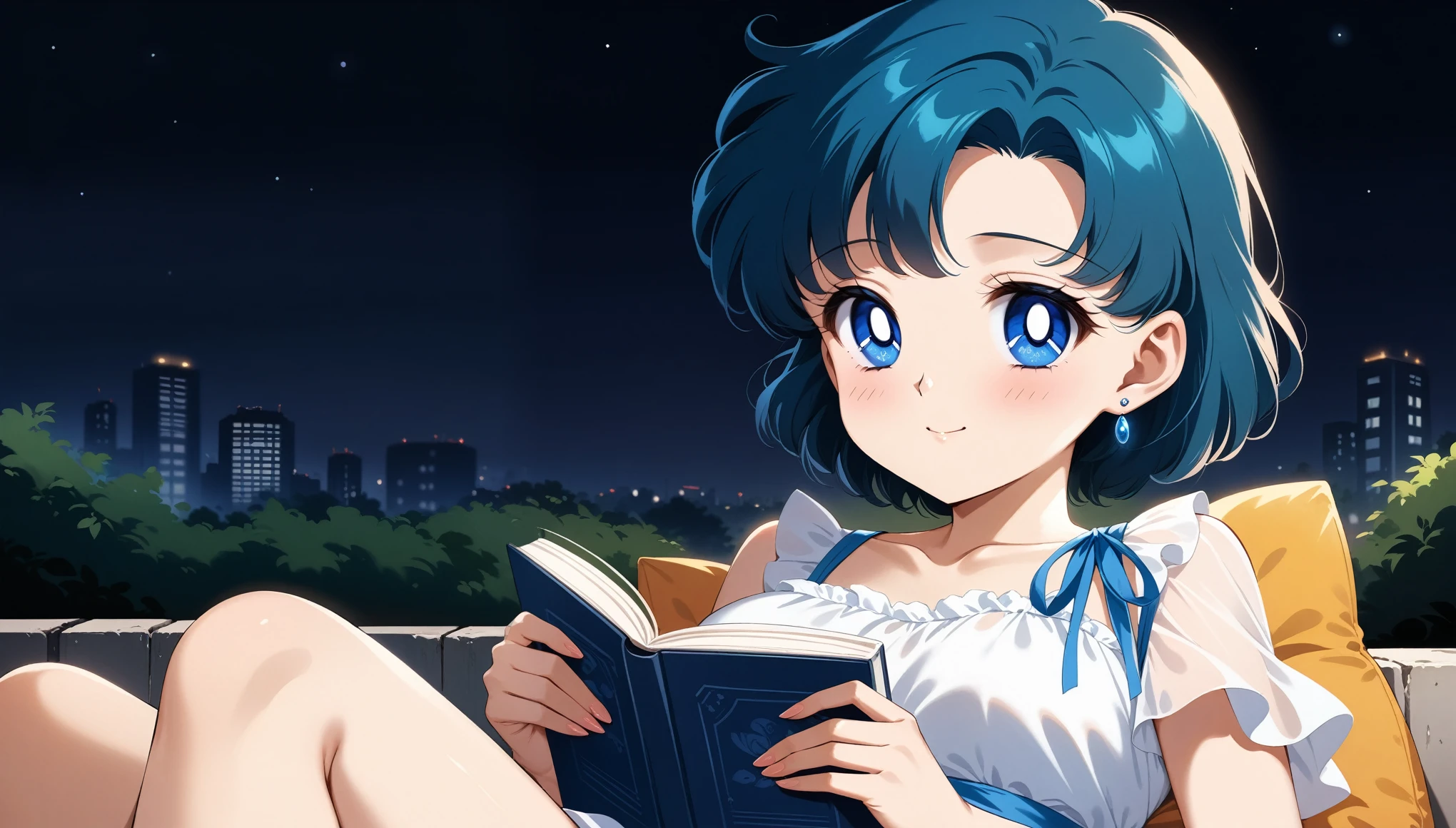 (masterpiece, best quality, very aesthetic, ultra detailed), intricate details, 4k, aamercury, solo, short hair, blue hair, earrings, blue eyes, combed to the side, earrings, Blue eyes, blush face, smile, at distance body, urban, Dark Night, black sky outdoors , summer dress, sit, reading book