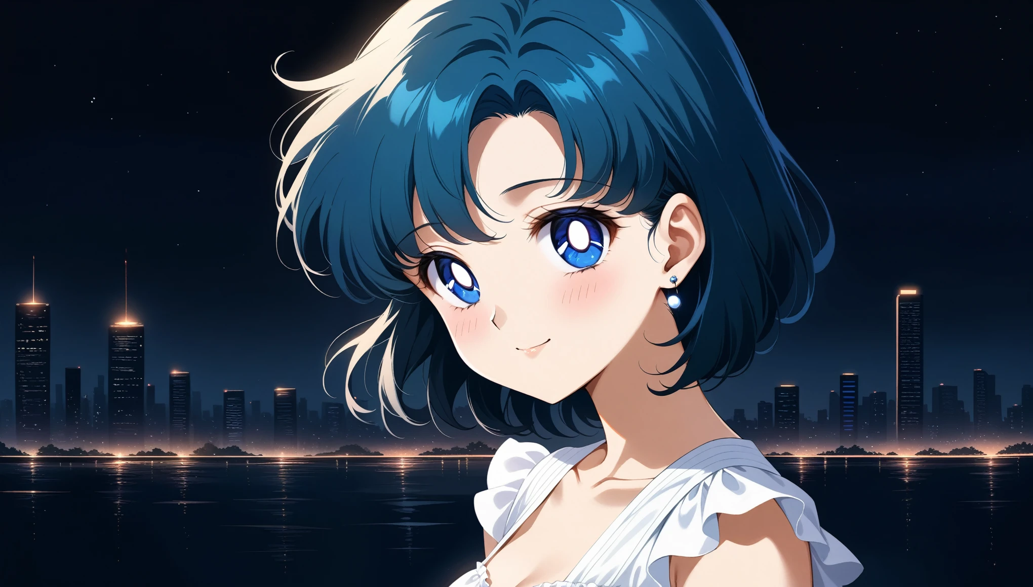 (masterpiece, best quality, very aesthetic, ultra detailed), intricate details, 4k, aamercury, short hair, blue hair, earrings, blue eyes, combed to the side, earrings, Blue eyes, blush face, smile, at distance body, urban, Dark Night, black sky outdoors , summer dress