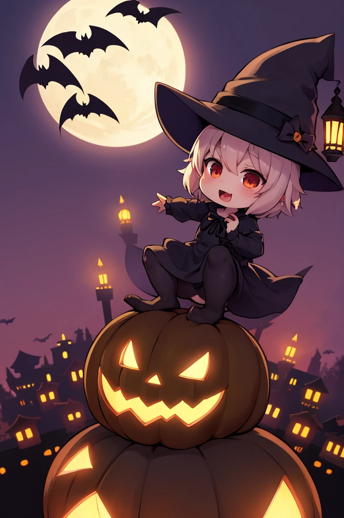 Little Witch, Deformation, Chibi, Simple Background, Halloween, Halloween , night, Dark Castle, bats, Halloween, Giant Moon
