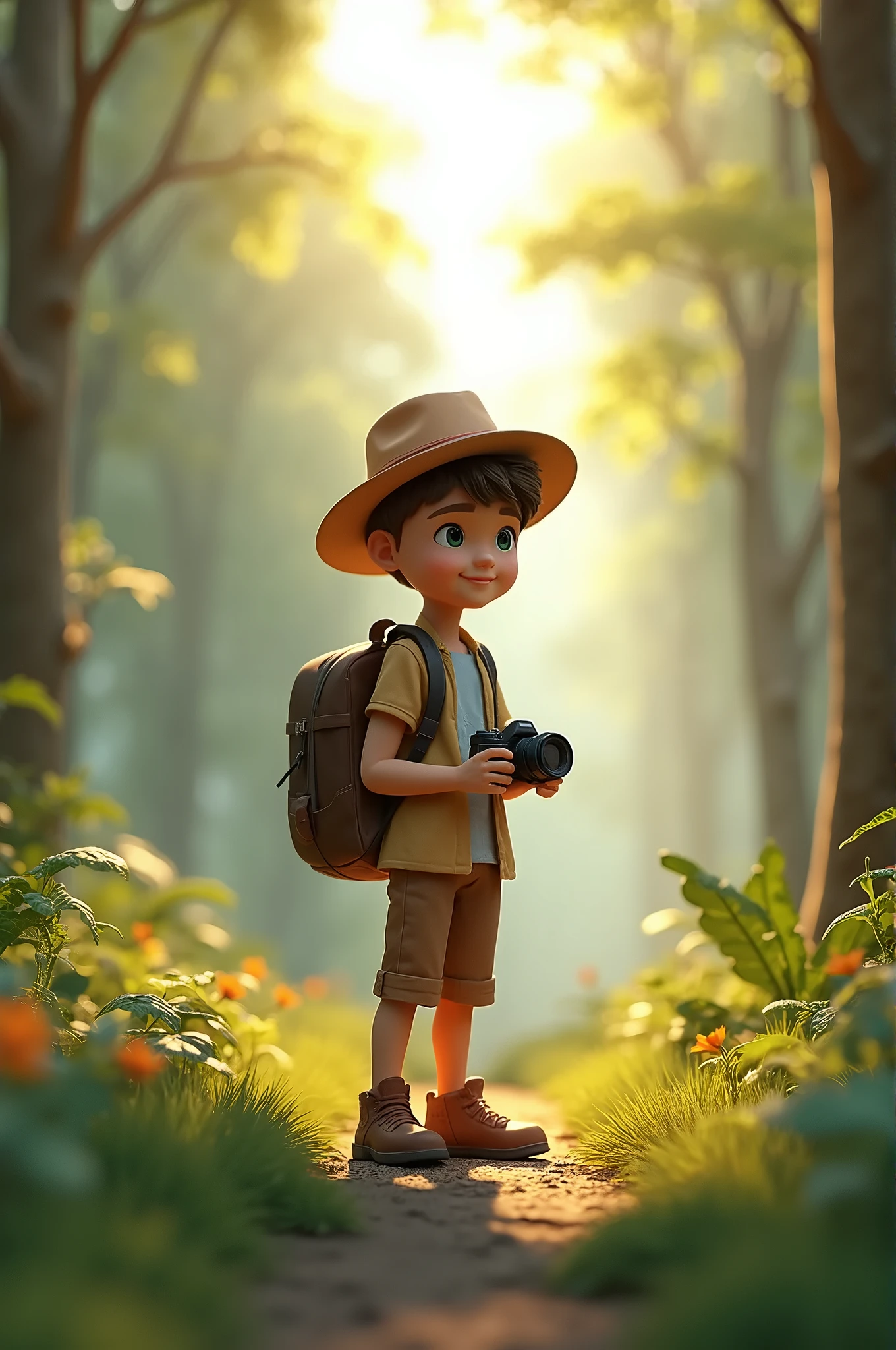 3d model, young photographer, wearing a hat and casual clothes, forest landscape background, sunlight in the morning