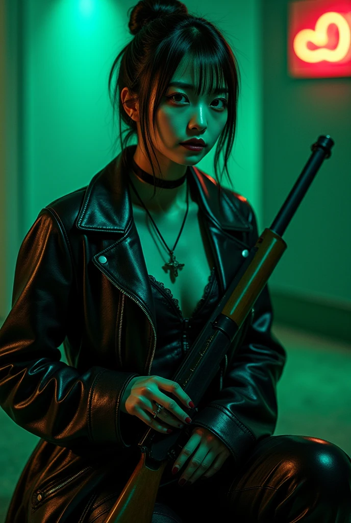  Japanese woman in leather costume, Detailed face and eyes, アサルトライフルを持って横に座っているDetailed green bioluminescence  {x},  volumetric lighting ,  chignon hair , Isolated, Horror, Dim lighting,  detailed red bioluminescence  ,  Detailed green bioluminescence ,  detailed blue bioluminescence  , (Best Quality,4K, 8k,  High Resolution ,masterpiece:1.2), Super detailed, (Realistic, photoRealistic, photo-Realistic:1.37), Advanced Details,  cinematic , Complex, hyper-Realistic, 