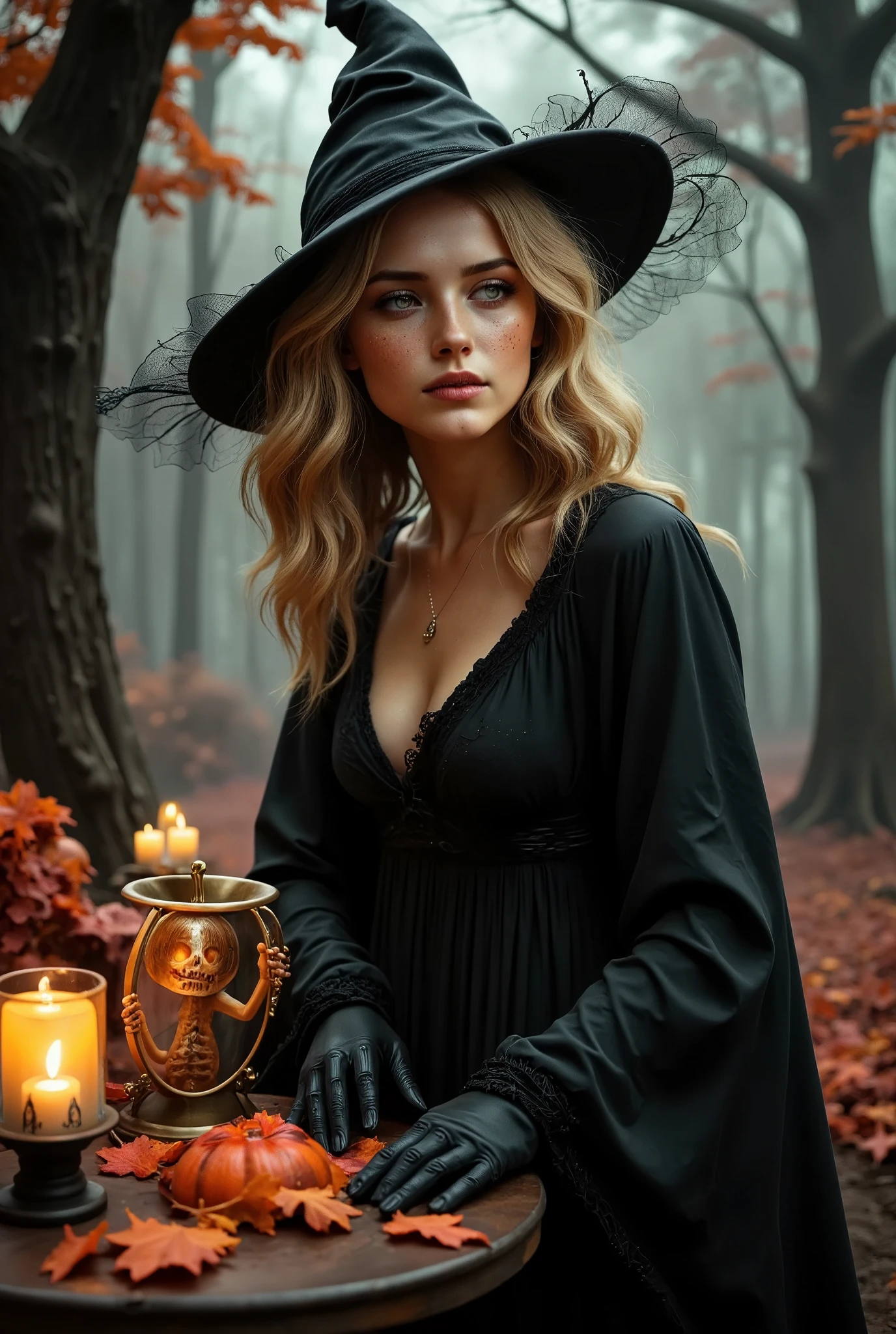 a stunning 16K resolution image that captures the essence of award-winning photography, inspired by the style of Paolo Roversi. The scene features a young German woman named Bridget Kruger, around 21 years old, with wavey blonde hair, standing gracefully in a magical, Halloween-themed autumn forest. Her hair is detailed with ultra-realistic texture, as if captured by a RED digital cinema camera. She has a fair complexion with cute freckles, clear double eyelids, and pale lips with perfectly applied lip gloss. Her face glows with life, and her expression is ethereal as she gazes dreamily into the distance.

Bridget is dressed in elegant witch attire, including a flowing cloak and stylish hand gloves, and stands beside a wooden table adorned with a glowing carved pumpkin lantern. Around her, the enchanted forest is filled with warm autumn colors—red, orange, and gold leaves covering the ground, and a skeleton figure posed among the decorations, adding a touch of Halloween charm. A soft mist rolls through the trees, lit by moonlight, creating a mysterious yet serene atmosphere.

The image is framed from a low angle to capture her full, dynamic pose, emphasizing her balanced proportions and the gracefulness of her stance. The glow from the pumpkin lanterns casts gentle shadows, highlighting the intricate details of her clothing and the enchanting forest. A desaturated grunge filter adds a touch of moodiness, while the lighting enhances the artistic depth of the scene. This photorealistic image ensures precise detail and anatomical accuracy, offering a lifelike experience in ultra-high definition. Focus on perfect composition, detailed textures, and natural elegance to create an immersive and magical atmosphere.