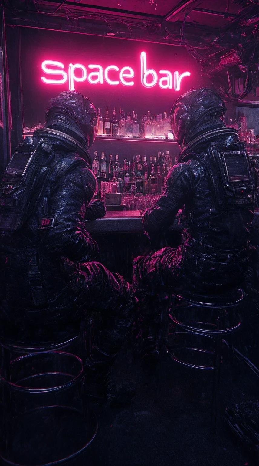 back view, a couple of astronauts can be seen sitting at a bar, neon sign above the liquor shelf "space bar", experimental photo