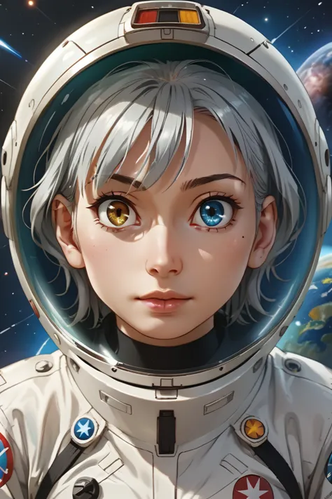 (close-up of a better masterpiece:1.5)0.9], (space and astronauts:1.2) (messy silver hair:1.1) (heterochromia xanthochromia and ...