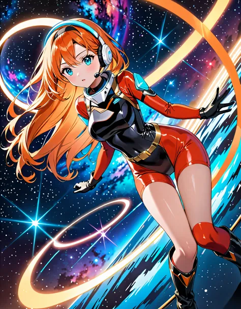 best quality, masterpiece, hires, long orange hair woman, golden headband, aqua eyes, night, neon, galaxy background, diffractio...