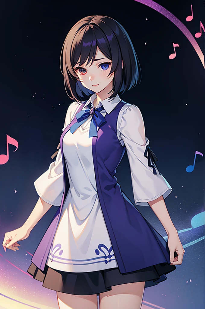 (high-quality, breathtaking),(expressive eyes, perfect face) 1female, girl , solo, teenager, asian woman hairstyle, short hair length, soft wave, black hair color, Heterochromia left eye blue and right eye purple, short white dress, black long sleeved cardigan, blue and purple background, music, gentle smile, swirls in background, music notes background, beautiful background, clothes similar to Yuri Kozukata Fatal Frame, symmetrical eyes
