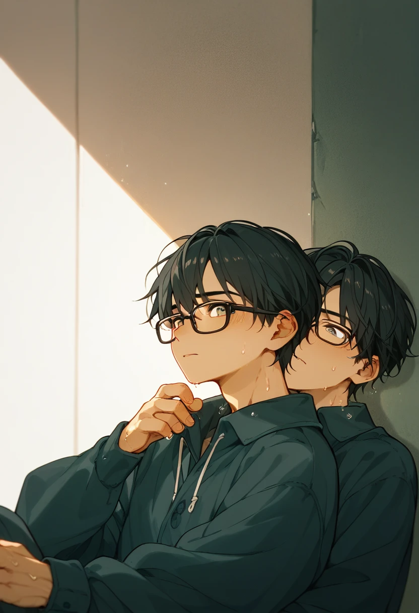  2 15-year-old boys 、high school student、Sweaty skin、whole body、Black Hair、Summer sunlight、Love between men、Unrequited love、 long bangs、Glasses