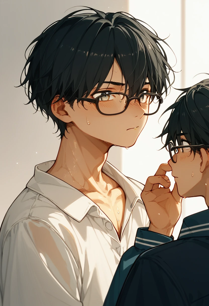  2 15-year-old boys 、high school student、Sweaty skin、whole body、Black Hair、Summer sunlight、Love between men、Unrequited love、 long bangs、Glasses