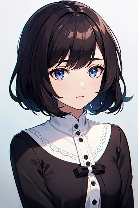 white dress, black long sleeved cardigan, symmetrical eyes