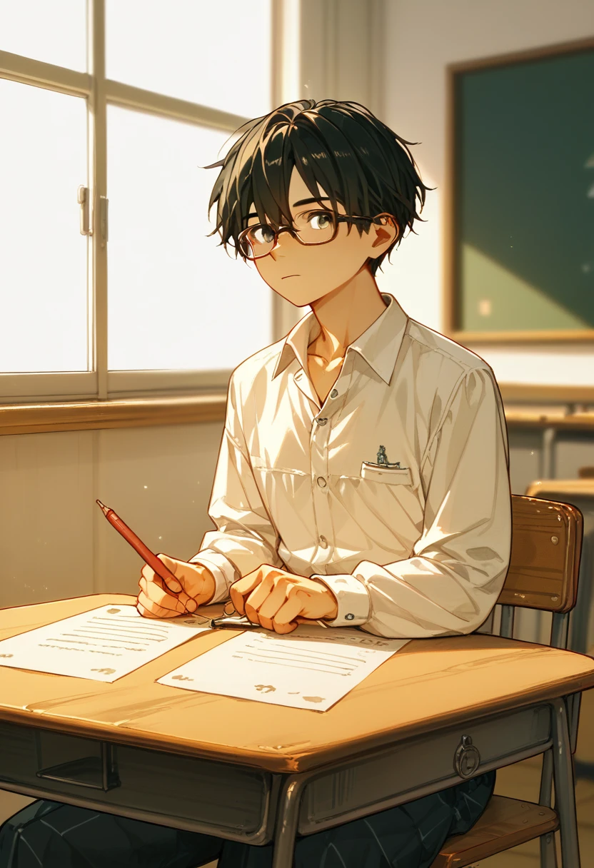  2 15-year-old boys 、high school student，Fair skin、Slim body、Study while sitting at a desk、School classroom、Black Hair、Summer sunlight、Love between men、Unrequited love、 long bangs、Glasses