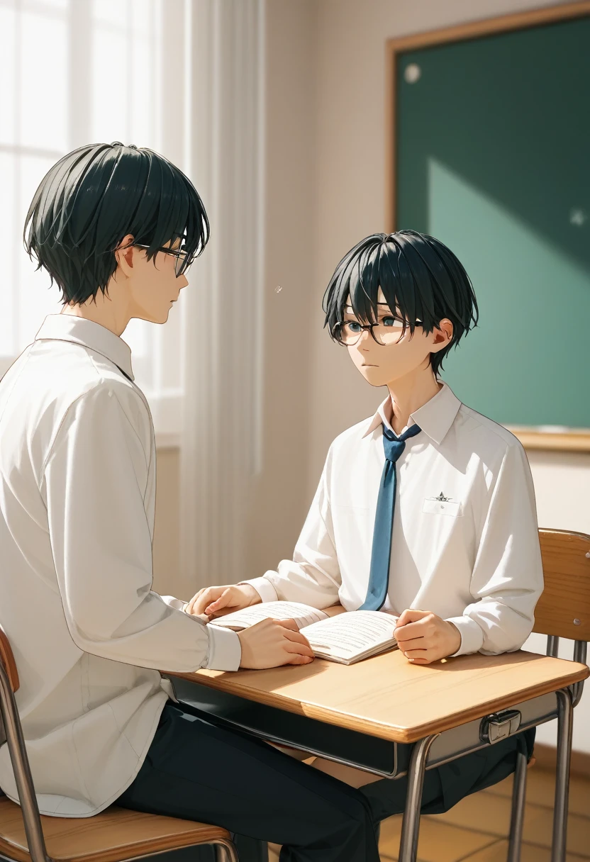  2 15-year-old boys 、 1 person is wearing glasses {x} 2 male high school students studying together，、 sitting at a desk 、 white shirt、 loose necktie、Fair skin、Slim body、机に座わる、School classroom、Black Hair、Summer sunlight、Love between men 、Unrequited love、 long bangs、