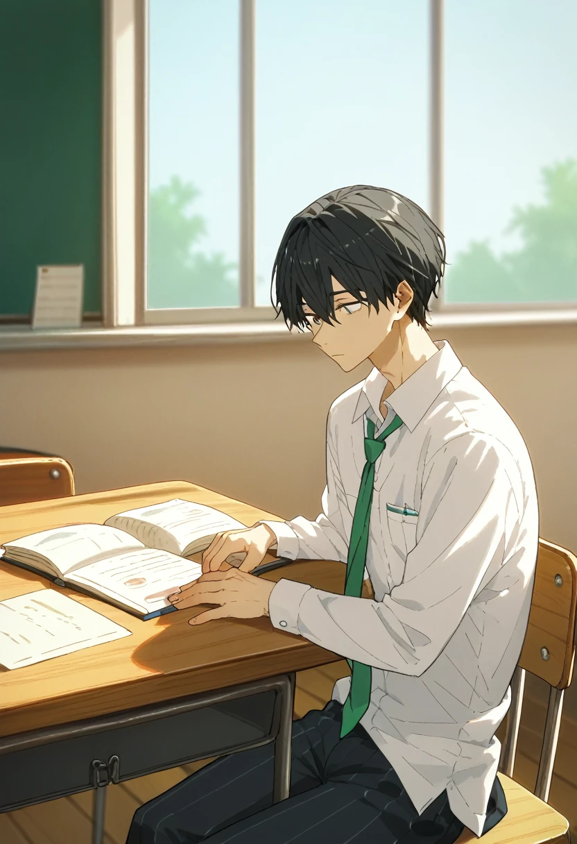  2 15-year-old boys 、 male high school students sitting at their desks are studying，、 sitting at a desk 、 white shirt、 loose necktie、Fair skin、Slim body、Two 、School classroom、Black Hair、Summer sunlight、Love between men 、Unrequited love、 long bangs、