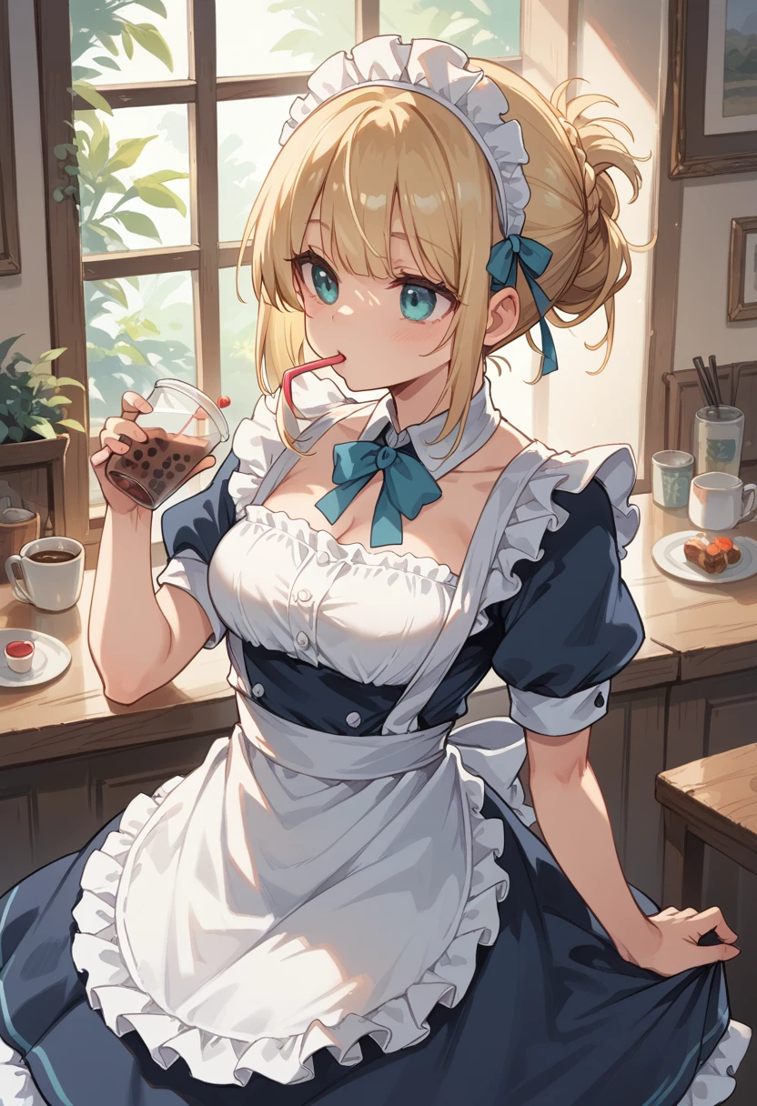  maid daughter drinking tea , During break, blonde, vertical hairstyle ,  blue costume with white ruffle apron