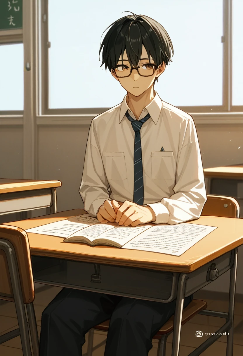  2 15-year-old boys 、 1 person is wearing glasses {x} 2 male high school students studying together，、 sitting at a desk 、 white shirt、 loose necktie、Fair skin、Slim body、Two 、School classroom、Black Hair、Summer sunlight、Love between men 、Unrequited love、 long bangs、