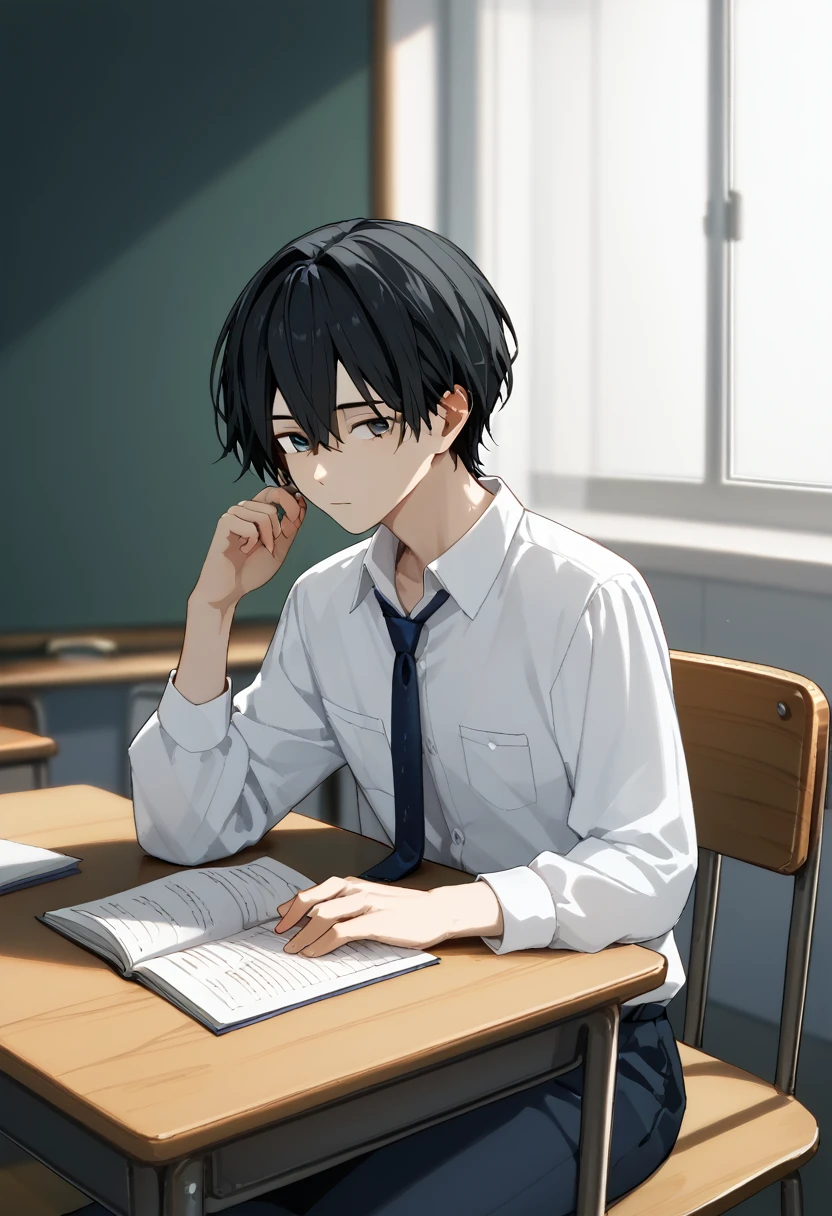  2 15-year-old boys 、 male high school students sitting at their desks are studying，、 sitting at a desk 、 white shirt、 loose necktie、Fair skin、Slim body、Two 、School classroom、Black Hair、Summer sunlight、Love between men 、Unrequited love、 long bangs、