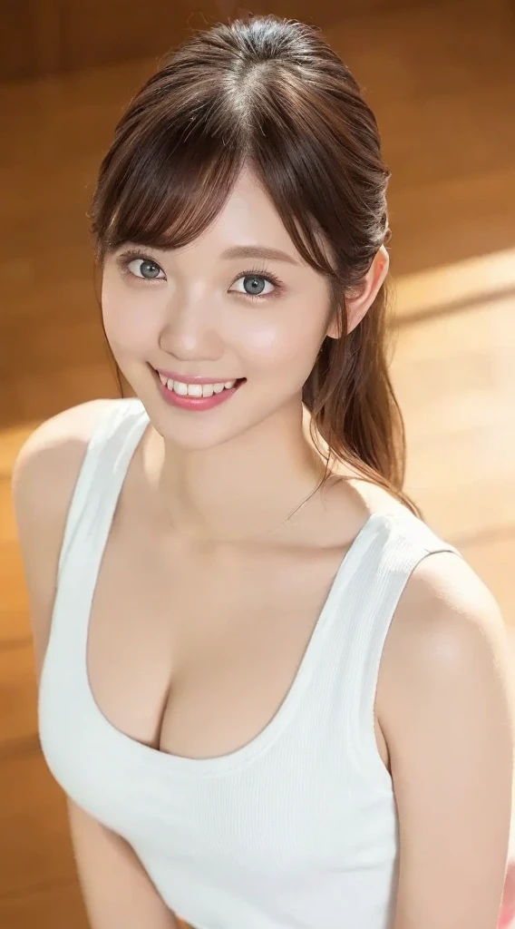 Innocent 20 year old girl、((White tank top, Dramatic poses)),Smile,short-cut,Natural park、Raw photo, (8K、top-quality、​masterpiece:1.2)、(intricate detailes:1.4)、(Photorealsitic:1.4)、octane renderings、Complex 3D rendering ultra detail, Studio Soft Light, Rim Lights, vibrant detail, super detailing, realistic skin textures, Detail Face, Beautiful detail eyes, Very detailed CG Unity 16k wallpaper, make - up, (detailedbackground:1.2), shinny skin, Full body、cleavage of the breast,((Standing with hands folded behind your back、Leaning forward、Angle from above))