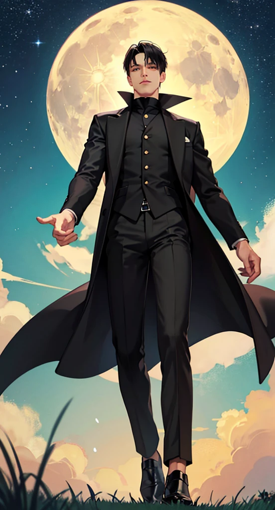  High Resolution ,Fine image quality ,Fine skin, anime style and pictorial ,One man,Alone, fitted black suit, Black Coat, black pants ,Whole body expression,Brown Hair,Brown eyes, short, smooth hair , cropped armpits and neckline , businessman style detective , black gloves, cool old man ,Beautiful posture down to the feet 