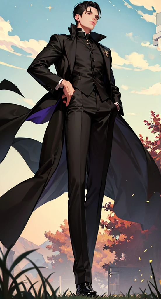  High Resolution ,Fine image quality ,Fine skin, anime style and pictorial ,One man,Alone, fitted black suit, Black Coat, black pants ,Whole body expression,Brown Hair,Brown eyes, short, smooth hair , cropped armpits and neckline , businessman style detective , black gloves, cool old man ,Beautiful posture down to the feet 