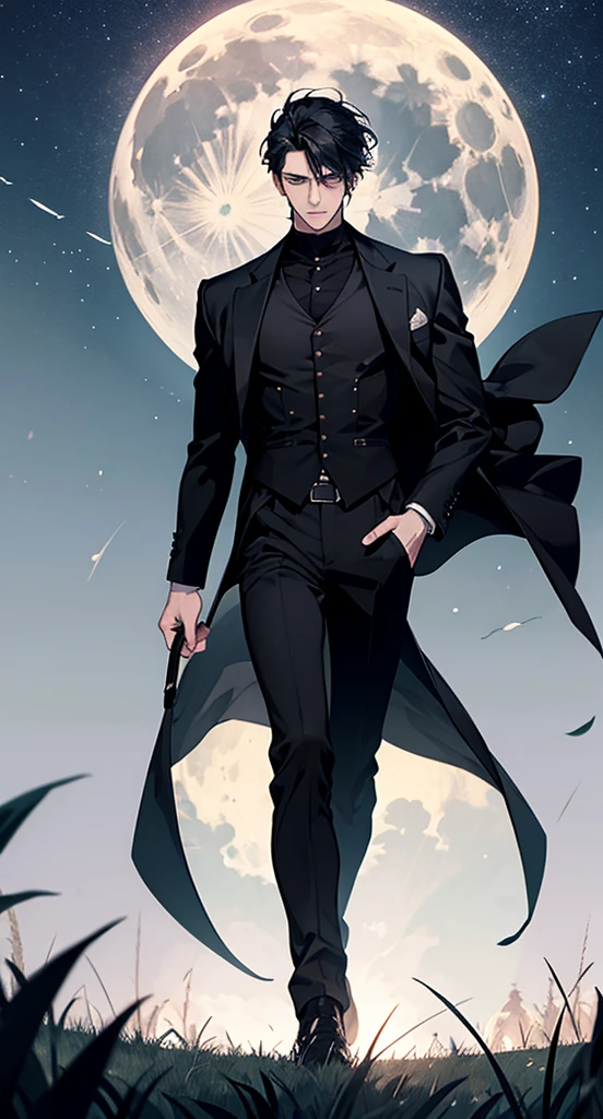  High Resolution ,Fine image quality ,Fine skin, anime style and pictorial ,One man,Alone, fitted black suit, Black Coat, black pants ,Whole body expression,Brown Hair,Brown eyes, short, smooth hair , cropped armpits and neckline , businessman style detective , black gloves, cool old man ,Beautiful posture down to the feet 