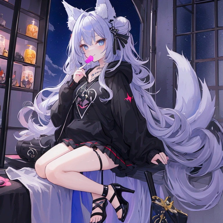  Best quality,  masterpiece,  HD,  Exactly,  rhinestones,  Night,  Full moon,  vor Shop,  Fox girl, fuchsohr, fox tail opened hoodie , schwarz, costs, playful ,schwarz, necklace,  Cross,  very short pleated skirt, schwarz/rot, black overknees transparent,  high heels elegant sexy shoes,  black panties,  cola in hand , lolipop in hand ,sweet smile,  cute bunny backpack , bluesilver hair, very very very long hair,   blue-gray eyes ,  put on wall,  