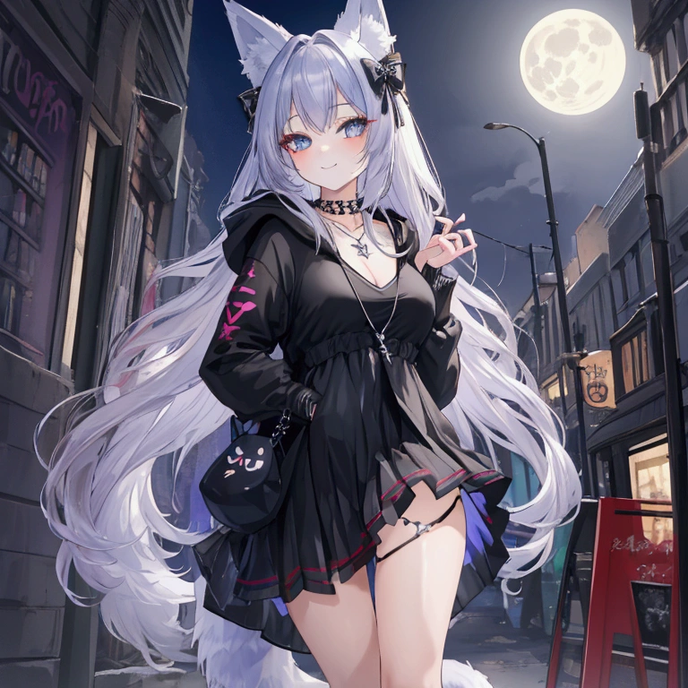  Best quality,  masterpiece,  HD,  Exactly,  rhinestones,  Night,  Full moon,  vor Shop,  Fox girl, fuchsohr, fox tail opened hoodie , schwarz, costs, playful ,schwarz, necklace,  Cross,  very short pleated skirt, schwarz/rot, black overknees transparent,  high heels elegant sexy shoes,  black panties,  cola in hand , lolipop in hand ,sweet smile,  cute bunny backpack , bluesilver hair, very very very long hair,   blue-gray eyes ,  put on wall,  