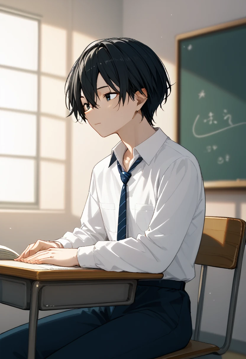  2 15-year-old boys 、 male high school students sitting at their desks are studying，、 sitting at a desk 、 white shirt、 loose necktie、Fair skin、Slim body、Two 、School classroom、Black Hair、Summer sunlight、Love between men 、Unrequited love、 long bangs、