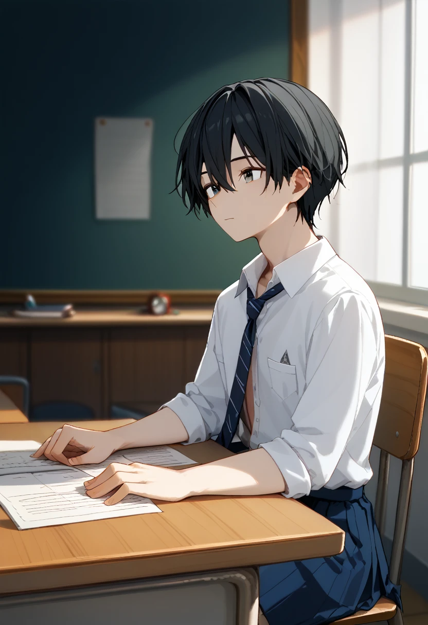  2 15-year-old boys 、 male high school students sitting at their desks are studying，、 sitting at a desk 、 white shirt、 loose necktie、Fair skin、Slim body、Two 、School classroom、Black Hair、Summer sunlight、Love between men 、Unrequited love、 long bangs、