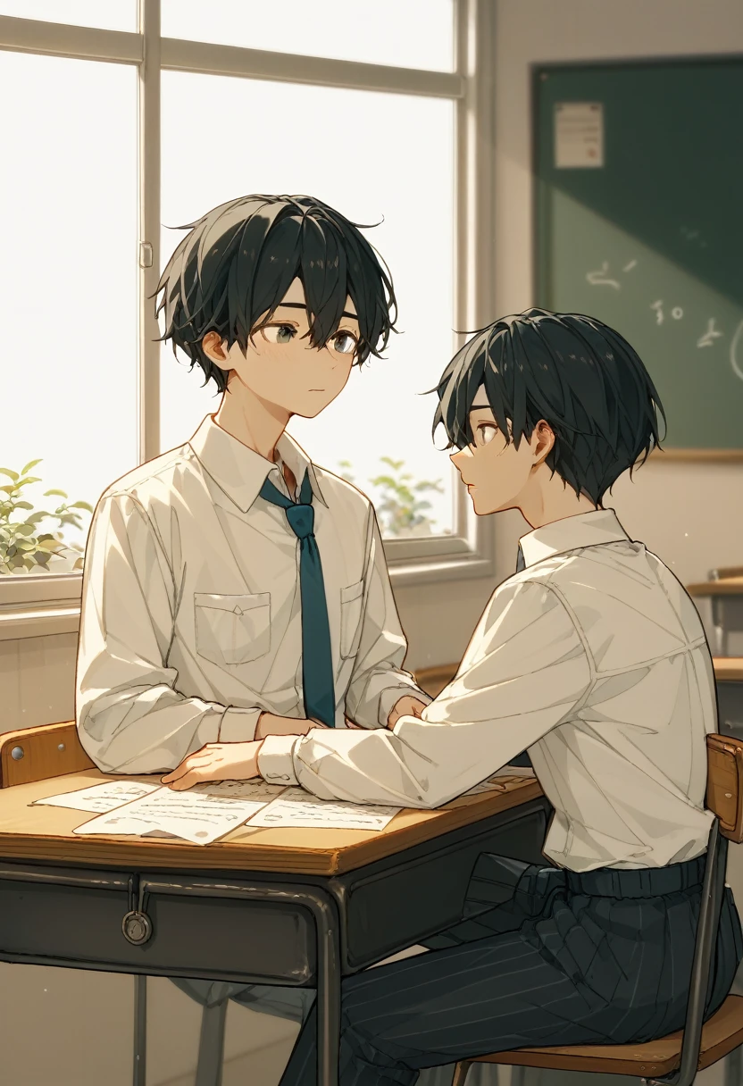  2 15-year-old boys 、 male high school students sitting at their desks are studying，、 sitting at a desk 、 white shirt、 loose necktie、Fair skin、Slim body、Two 、School classroom、Black Hair、Summer sunlight、Love between men 、Unrequited love、 long bangs、