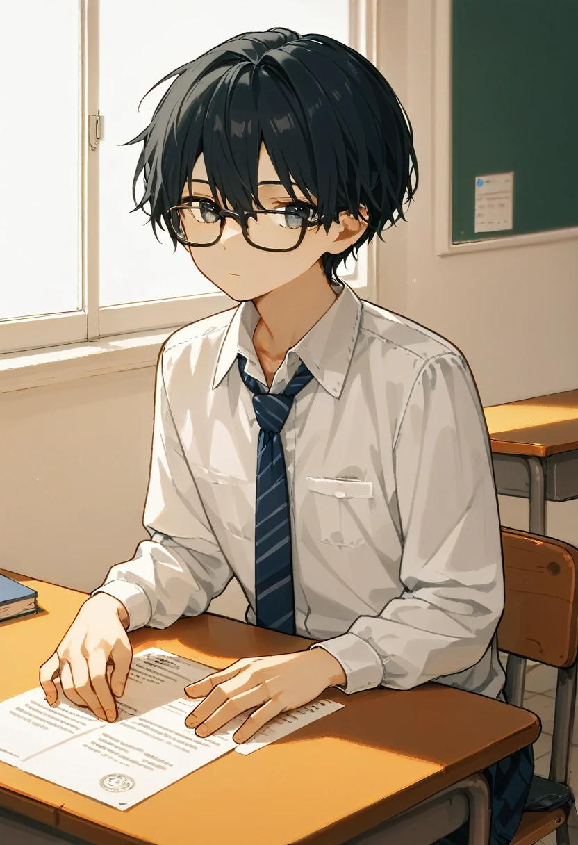  2 15-year-old boys 、high school student，Student Uniform、 loose necktie、Fair skin、Slim body、Study while sitting at a desk、School classroom、Black Hair、Summer sunlight、Love between men、Unrequited love、 long bangs、Glasses、Expressionless