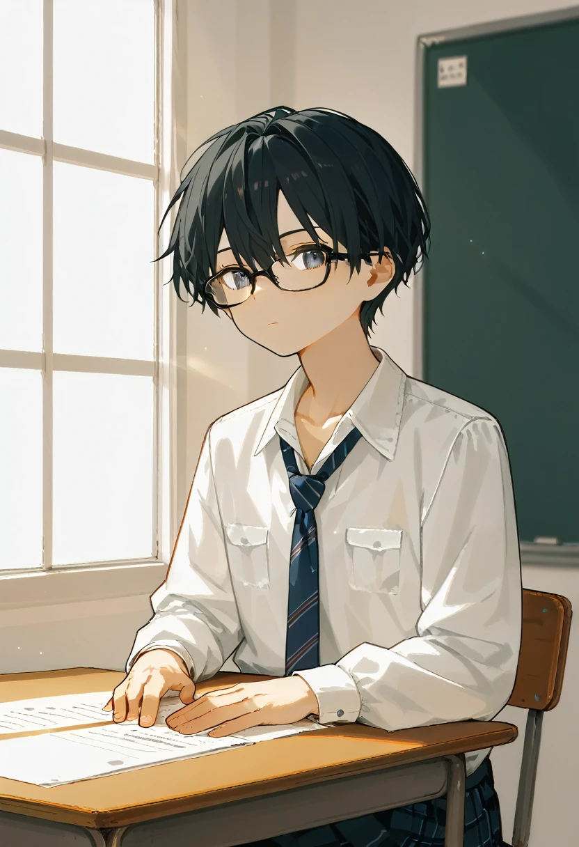  2 15-year-old boys 、high school student，Student Uniform、 loose necktie、Fair skin、Slim body、Study while sitting at a desk、School classroom、Black Hair、Summer sunlight、Love between men、Unrequited love、 long bangs、Glasses、Expressionless