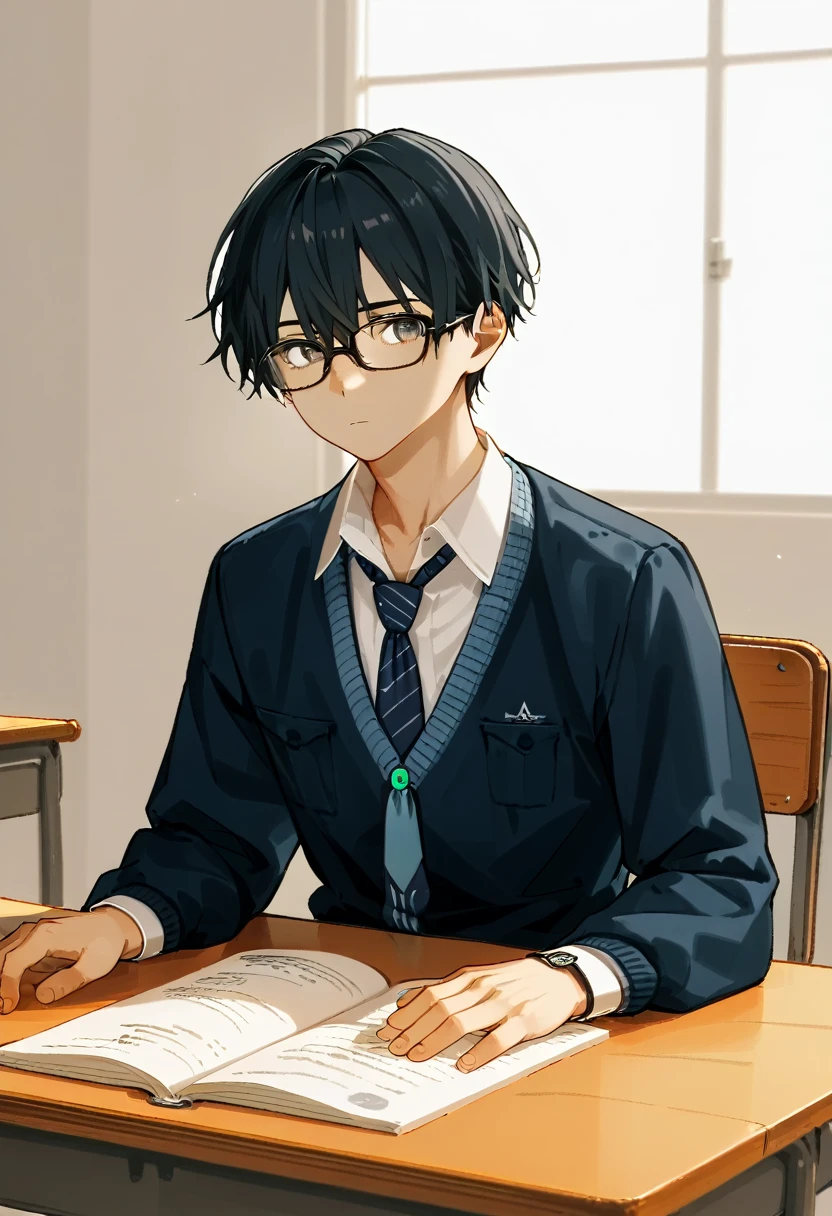  2 15-year-old boys 、high school student，Student Uniform、 loose necktie、Fair skin、Slim and muscular、Study while sitting at a desk、School classroom、Black Hair、Summer sunlight、Love between men、Unrequited love、 long bangs、Glasses、Expressionless