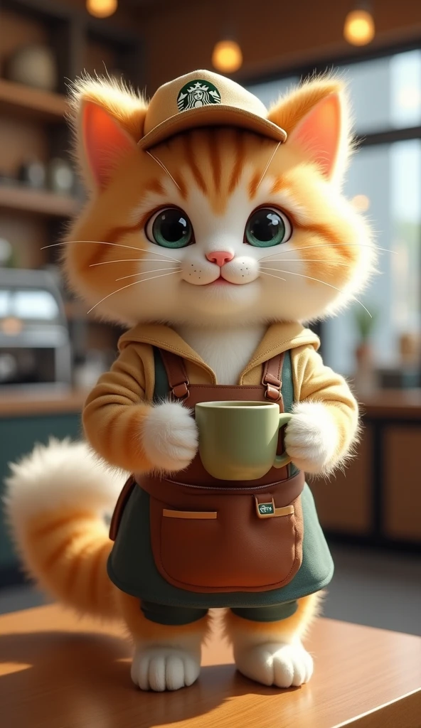 A fluffy cat dressed in a tiny, fashionable outfit as a barista, serving coffee at Starbucks. The cat portrays a playful pose. (photo realistic: 1.2)