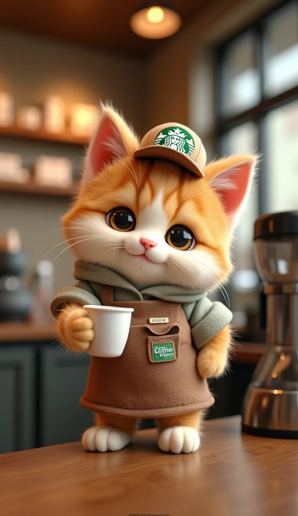 A fluffy cat dressed in a tiny, fashionable outfit as a barista, serving coffee at Starbucks. The cat portrays a playful pose. (photo realistic: 1.2)