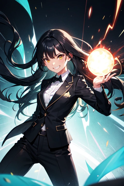 Girl. black hair. long hair. black suit. black slacks. "Blue highlight hair". Grinning. yellow magic light. Red lightning effect. action pose
