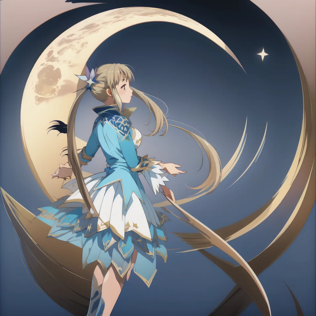 (masterpiece, best quality), 1girl, sitting on the crescent moon、Star Fairy、